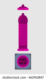 Condom and packages on white background. Red latex condom. Vector illustration