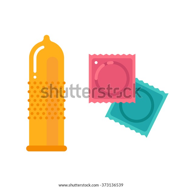 Condom and\
packages. Vector flat illustration.\
