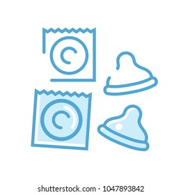 Condom packaging illustration. Condoms and pack icon. Vector, isolated. Blue contour, blue colors