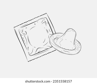 Condom packed and unpacked composition drawing on grey background
