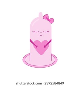 Personajes de color rosa condón con corazón en sus manos Vector. Tema de la salud, la atención, la seguridad, los anticonceptivos. Diseño para banner, afiche, portada, publicación en medios sociales, volantes, tarjeta de saludo.