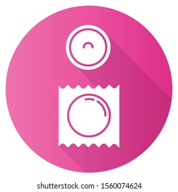 Condom pink flat design long shadow glyph icon. Safe sex. Male preservative, female contraception. Birth control option. Protection for AIDs. Pregnancy prevention. Vector silhouette illustration