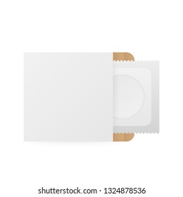 Condom Plastic Package with Obvious Circle Product Shape and Toothed Edge. White condom with packing. Vector stock illustration.