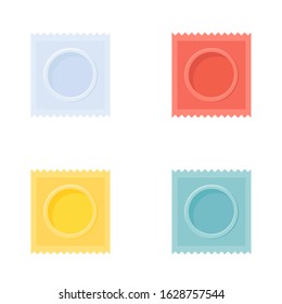 Condom Plastic Package with Obvious Circle Product Shape and Toothed Edge - Pink Objects on Turquoise. Safe sex vector illustration 