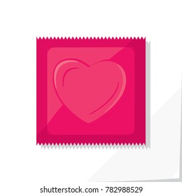 Condom Plastic Package with Obvious Heart Shape Love Symbol Instead of Circle Shape and Toothed Edge - Pink and Gray Objects on White Natural Paper Effect Background - Realistic Flat Design