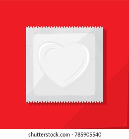 Condom Plastic Package with Obvious Heart Shape Love Symbol Instead of Circle Shape and Toothed Edge - White and Grayscale Objects on Red Natural Paper Effect Background - Realistic Flat Design