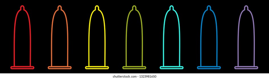 Condom rainbow icon set line. Protection. Black background. Flat design. Vector illustration