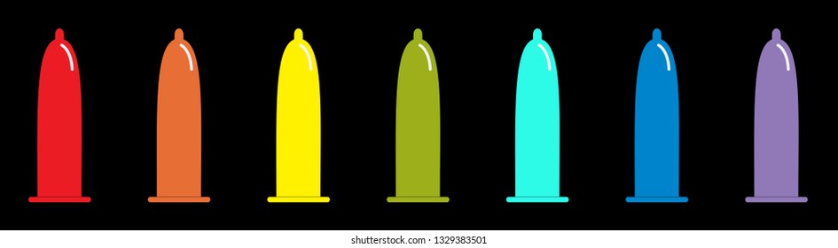 Condom rainbow icon set line. Protection. Flat design. Black background. Isolated. Vector illustration