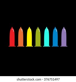 Condom rainbow icon set. Protection. Black background. Flat design. Vector illustration