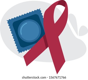 Condom with a red ribbon as a call to safe sex. Symbol of World AIDS Day. Aids, HIV, awareness, illness, blood, disease, health, prevention.
