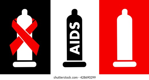 Condom as safe protection to not be infected by HIV virus during dangerous sexual intercourse. Red Ribbon as symbol of World AIDS day