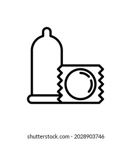 Condón, icono de la línea delgada del sexo seguro. Anticoncepción, prevención del embarazo. Ilustración vectorial moderna.
