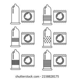 Conjunto de preservativos y embalaje, aislado en fondo blanco en estilo de línea. Ilustración del vector