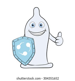 Condom with a shield. Cartoon image. Isolated on white background. Stock Vector.
