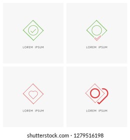 Condom symbol set with checkmark and heart - contraception, protection and safety, love and safe sex vector icons.