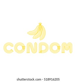 Condom text made from banana flavored condom illustration yellow color and banana icon flat design isolated on white background
