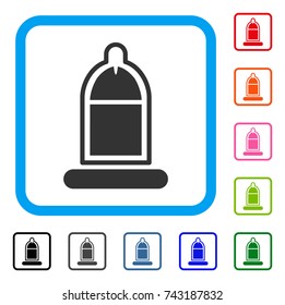 Condom USAge icon. Flat grey iconic symbol inside a light blue rounded rectangular frame. Black, gray, green, blue, red, orange color versions of Condom USAge vector.