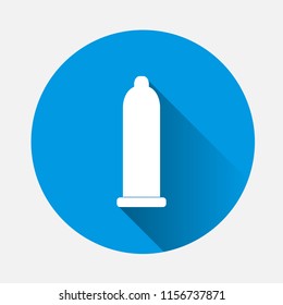Condom vector icon, protect symbol on blue background. Flat image condom icon with long shadow. Layers grouped for easy editing illustration. For your design.