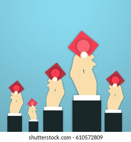 Condom Vector Illustration Male hands are holding condoms in red pack on blue background Poster template in support of safe sex