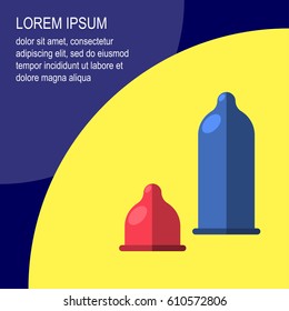 Condom Vector Illustration Poster template with a picture of two multicolored condoms on a yellow background with space for text on purple background Flat design