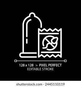 Condón blanco icono lineal para tema oscuro. Control de natalidad. Productos anticonceptivos. Prevención del embarazo. Medicina sanitaria. Ilustración de línea fina. Símbolo aislado para el modo nocturno. Trazo editable