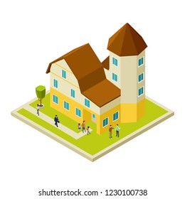 Condominium, apartment house isometric and people, vector