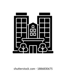 Condominium black glyph icon. Tall building. High house. Skyscraper complex. Highrise with offices. Business corporation in city. Silhouette symbol on white space. Vector isolated illustration