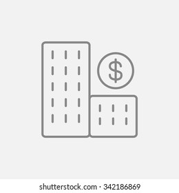 Condominium with dollar symbol line icon for web, mobile and infographics. Vector dark grey icon isolated on light grey background.