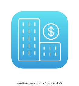 Condominio con un icono de línea de símbolos en dólares para web, móviles e infografías. Icono de blanco vector en el cuadrado de gradiente azul con esquinas redondeadas aisladas en fondo blanco.