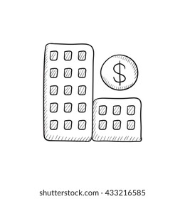 Condominium with dollar symbol vector sketch icon isolated on background. Hand drawn Condominium with dollar symbol icon. Condominium with dollar symbol sketch icon for infographic, website or app.