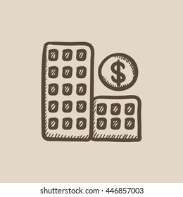Condominium with dollar symbol vector sketch icon isolated on background. Hand drawn Condominium with dollar symbol icon. Condominium with dollar symbol sketch icon for infographic, website or app.