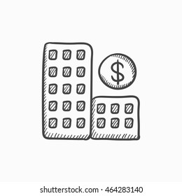 Condominio con símbolo de dólar icono de esbozo vectorial aislado en segundo plano. Condominio dibujado a mano con símbolo de dólar icono. Condominio con símbolo de dólar icono de esbozo para infografía, sitio web o aplicación.