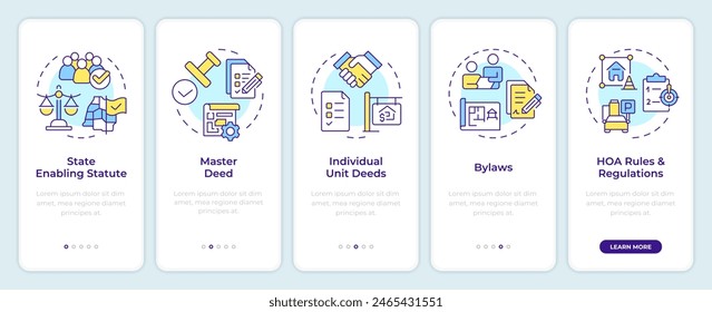 Condominium law administration onboarding mobile app screen. Walkthrough 5 steps editable graphic instructions with linear concepts. UI, UX, GUI template. Montserrat SemiBold, Regular fonts used