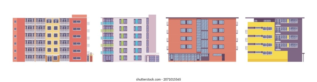 Condominium multiple building set, individually owned apartments or houses. Modern design, quality housing urban area living, real estate market. Vector flat style cartoon illustration, modular units