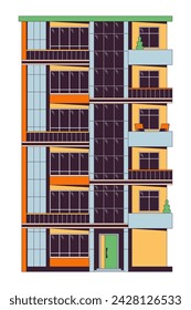 Condominium multi-storey 2D linear cartoon object. Dormitory housing estate. Living building multistory isolated line vector element white background. Property exterior color flat spot illustration