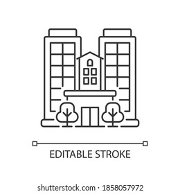 Condominium pixel perfect linear icon. Tall building. High house. Skyscraper complex. Thin line customizable illustration. Contour symbol. Vector isolated outline drawing. Editable stroke