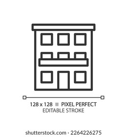 Condominium pixel perfect linear icon. Community ownership. Apartments complex. Urban building. Building facade. Thin line illustration. Contour symbol. Vector outline drawing. Editable stroke