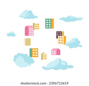 Condominium residential buildings in clouds 2D cartoon object. Dream housing isolated vector item white background. Residential area. Homes cloudy. Neighborhood future color flat spot illustration