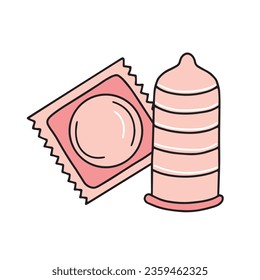 Condones y paquetes. Ilustración plana vectorial en estilo doodle.
