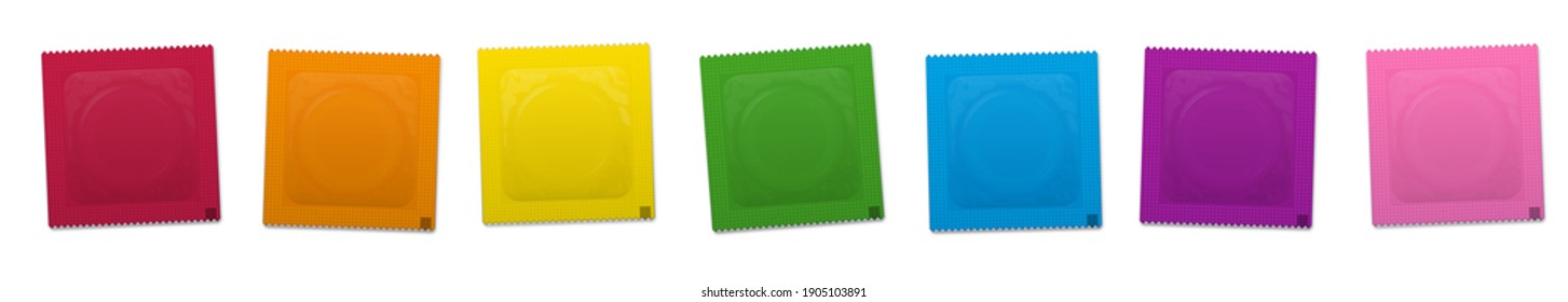 Condoms packaging, rainbow colored rubbers packed in plastic sachets, one for each day of the week. Isolated vector illustration on white background.
