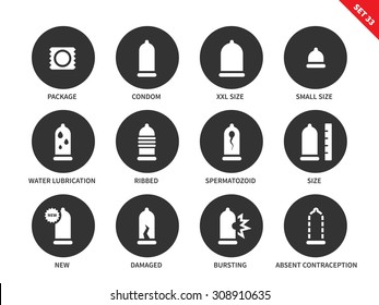 Condoms vector icons set. Safety and protection concept. Contraception items, condoms of different size, ribbed condom, new and damaged condoms. Isolated on white background