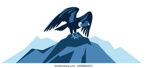 Condor bird sits on top of a mountain, flapping its wings