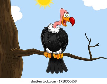 Condor Or Vulture Cartoon Character Sitting On A Branch. Vector Illustration With Background