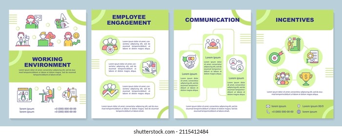 Conducive work environment green brochure template. Employee engagement. Leaflet design with linear icons. 4 vector layouts for presentation, annual reports. Arial-Black, Myriad Pro-Regular fonts used