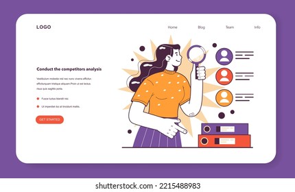 Lleve a cabo el análisis de la competencia en el banner web o en la página de inicio. Investigación de mercado efectiva en condiciones de estancamiento económico. Acciones de ahorro de negocios. Ilustración vectorial plana