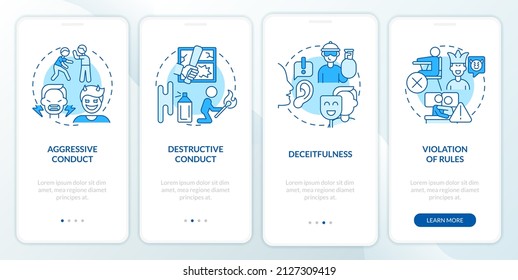 Conduct disorder groups of behavior blue onboarding mobile app screen. Walkthrough 4 steps graphic instructions pages with linear concepts. UI, UX, GUI template. Myriad Pro-Bold, Regular fonts used