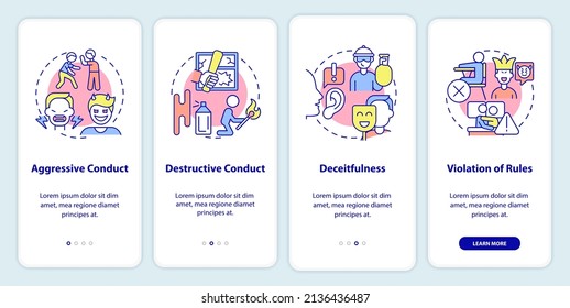 Conduct disorder groups of behavior onboarding mobile app screen. Walkthrough 4 steps graphic instructions pages with linear concepts. UI, UX, GUI template. Myriad Pro-Bold, Regular fonts used