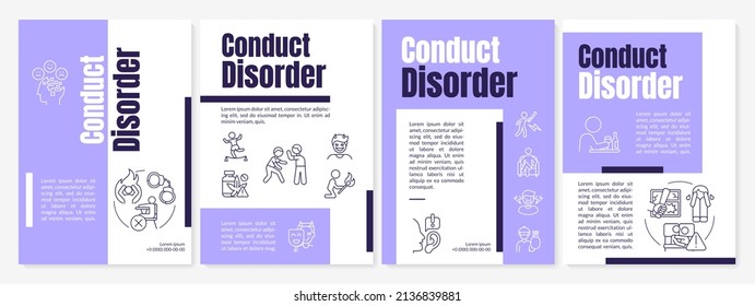 Conduct disorder guideline purple brochure template. Mental issue. Leaflet design with linear icons. 4 vector layouts for presentation, annual reports. Anton, Lato-Regular fonts used