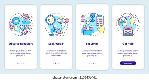 Conduct disorder tips for teacher onboarding mobile app screen. Walkthrough 4 steps graphic instructions pages with linear concepts. UI, UX, GUI template. Myriad Pro-Bold, Regular fonts used