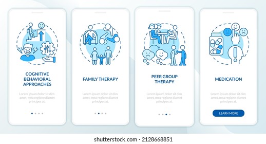 Conduct disorder treatment blue onboarding mobile app screen. Walkthrough 4 steps graphic instructions pages with linear concepts. UI, UX, GUI template. Myriad Pro-Bold, Regular fonts used